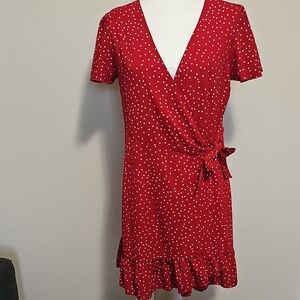 Red Polka Dot Faux-Wrap Mini Dress with Tie Detail